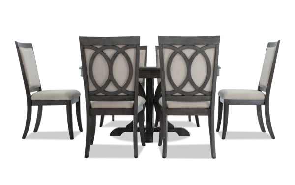 Coco II 7 Piece Gray & Beige Upholstered Oval Dining Set with six beige polyester fabric chairs, Asian hardwood and cherry veneer table, contemporary style.