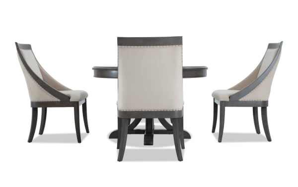 Contemporary Coco II 5 Piece Dining Set with beige polyester-upholstered chairs and Asian hardwood oval table in gray and beige tones.