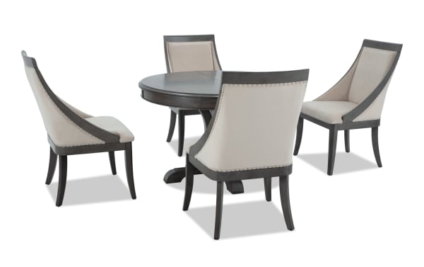 Contemporary Coco II 5 Piece Dining Set with oval gray wood table, beige polyester-upholstered solid back chairs, Asian hardwood and cherry veneer.