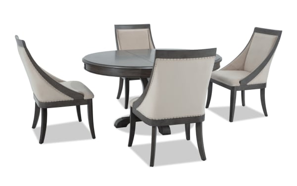 Coco II 5 Piece Gray & Beige Upholstered Oval Dining Set with Asian hardwood, cherry veneers, and beige polyester fabric chairs in contemporary style.