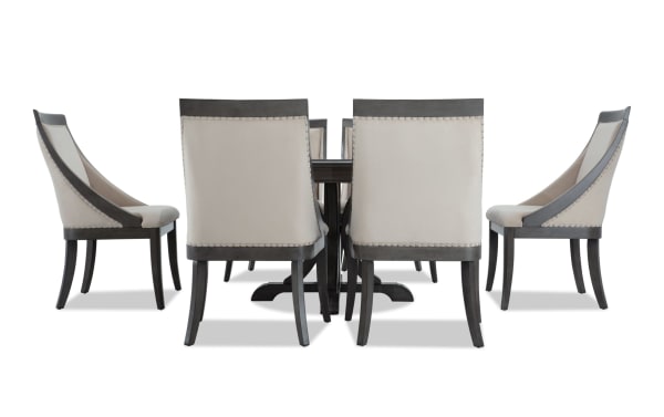 Contemporary Coco II 7 Piece Dining Set with beige polyester-upholstered chairs, Asian hardwood and cherry veneer oval table with extendable leaf.
