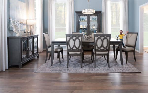 Contemporary Coco II 7 Piece Gray & Beige Upholstered Oval Dining Set with Asian hardwood, cherry veneers, and six ivory fabric chairs.