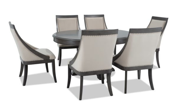 Coco II 7 Piece Gray & Beige Upholstered Oval Dining Set with Asian hardwood, cherry veneers, and beige polyester fabric chairs in contemporary style.