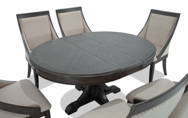 Coco II 7 Piece Gray & Beige Upholstered Oval Dining Set with Asian hardwood, cherry veneer table, beige polyester fabric chairs, contemporary style.