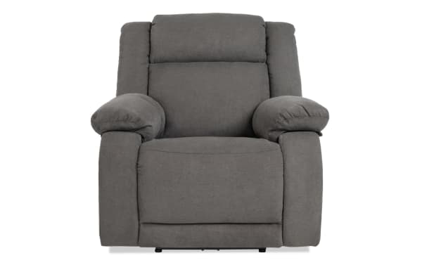 Asher Charcoal Power Recliner in gray polyester fabric with plush padded arms, cushioned back, and transitional style offering full power recline control.