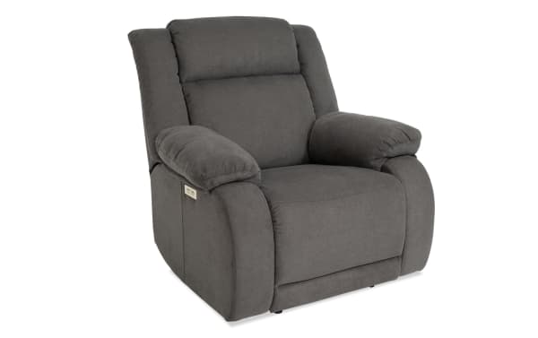 Asher Charcoal Power Recliner in gray polyester fabric with transitional style, featuring plush padded arms and full power recline control for comfort.