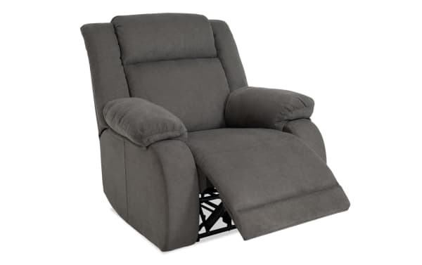 Asher Charcoal Power Recliner in gray polyester fabric with plush cushioning, transitional style, and power recline functionality for ultimate comfort.