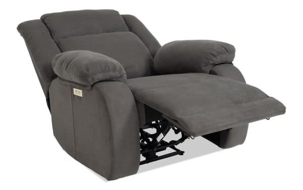 Asher Charcoal Power Recliner in gray polyester fabric with plush padded arms, transitional style, and electric power recline for customizable comfort.