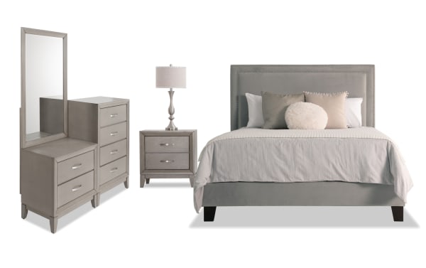 Tremont 4 Piece Full Gray Upholstered Bedroom Set with Chesser features a transitional style bed, dresser, nightstand, and mirror in gray polyester fabric, MDF, rubberwood, and veneers with multiple storage drawers for organized living.