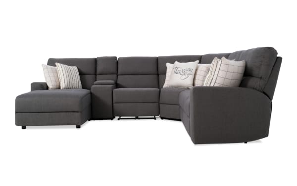 Modern Farmhouse gray 6-piece fabric polyester sectional with left arm chaise, power reclining seats, headrests, USB ports, cupholders, and storage.