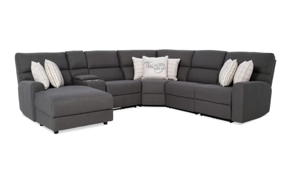 Modern Farmhouse gray 124" 6-piece fabric polyester sectional with left arm chaise, power reclining seats, headrests, USB ports, cupholders, and storage.