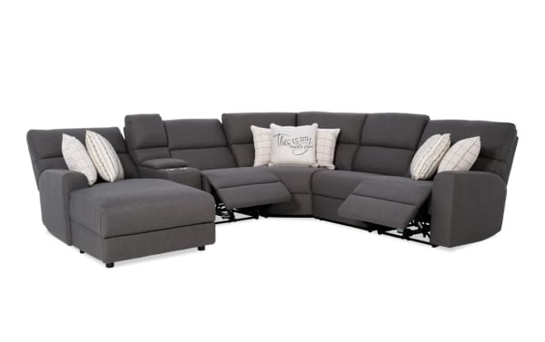 Modern Farmhouse gray 6-piece fabric polyester sectional with power reclining seats, headrests, USB ports, cupholders, and left arm chaise.