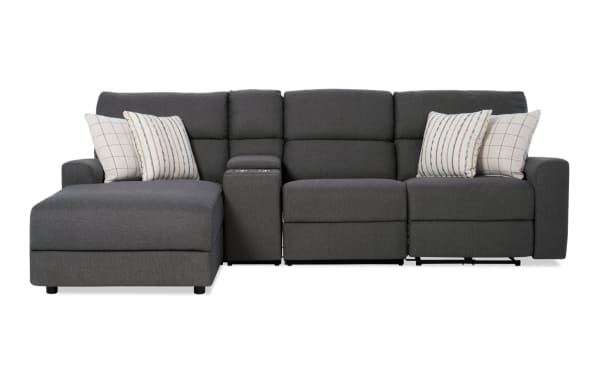 Modern Farmhouse gray 4-piece polyester fabric sectional with left chaise, power reclining seats, power headrests, USB ports, cupholders, and storage.