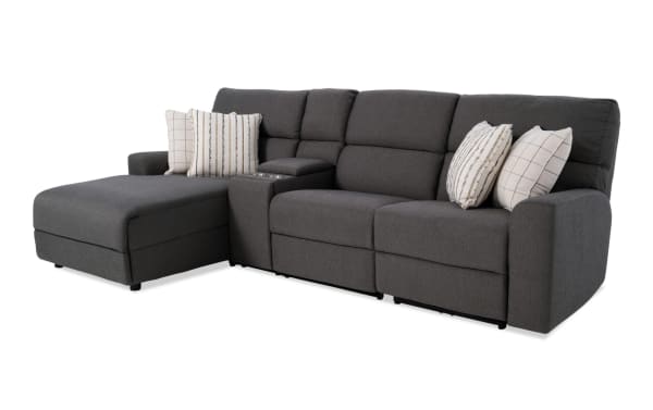 Modern Farmhouse gray 4-piece fabric polyester sectional with left chaise, power reclining seats, headrests, USB ports, cupholders, and storage.
