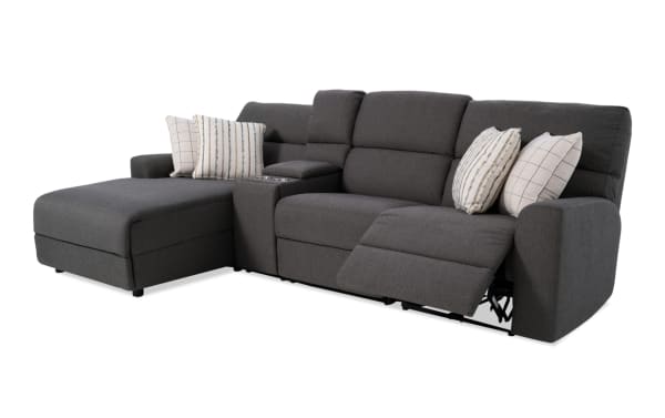 Modern Farmhouse gray 4-piece polyester fabric sectional with left chaise, power reclining seats, USB ports, cupholders, and hidden storage.