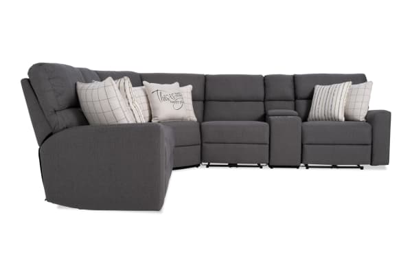 Modern Farmhouse Gray 124'' power reclining 6-piece sectional with gray polyester fabric, power headrests, USB ports, cupholders, and hidden storage.