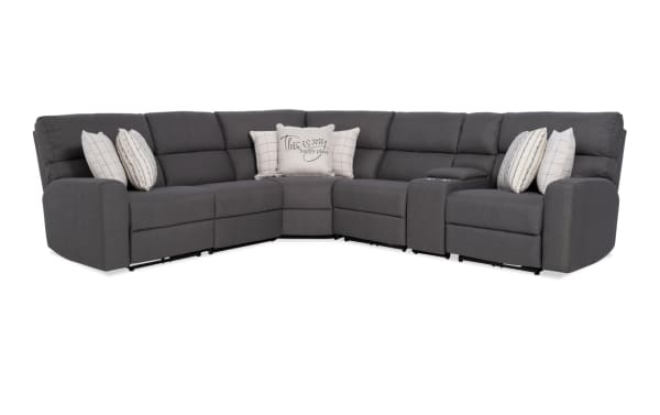 Modern Farmhouse gray 124" power reclining 6-piece sectional with polyester fabric, power headrests, USB ports, cupholders, and hidden storage.
