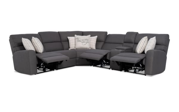 Modern Farmhouse Gray 124'' power reclining 6-piece sectional with gray polyester fabric, power headrests, USB ports, cupholders, and hidden storage.