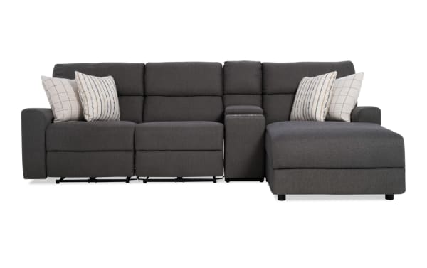 Modern Farmhouse gray 119" power reclining 4-piece sectional with right arm chaise, armless recliner, power headrests, polyester fabric upholstery, USB ports, cupholders, and hidden storage.