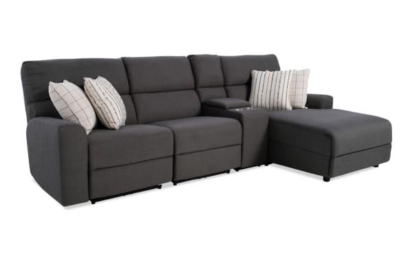 Modern Farmhouse gray 119" fabric polyester sectional with right arm chaise, power reclining seats, headrests, USB ports, cupholders, and storage.