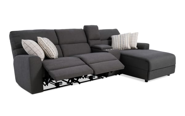 Modern Farmhouse gray 119" fabric polyester sectional with right arm chaise, power reclining seats, power headrests, USB ports, cupholders, and storage.