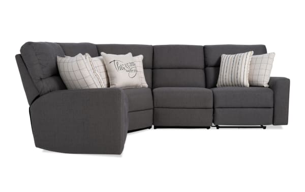 Modern Farmhouse Gray 136'' power reclining 4-piece sectional with gray polyester fabric, power headrests, USB ports, cupholders, and hidden storage.