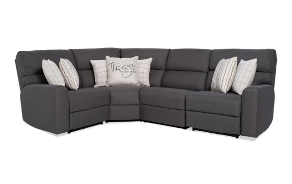 Gray Modern Farmhouse 136'' power reclining 4-piece sectional with polyester fabric, power headrests, USB ports, cupholders, and hidden storage.