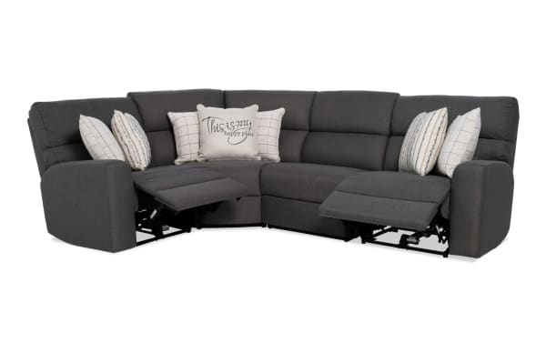 Modern Farmhouse Gray 136'' power reclining 4-piece sectional with gray polyester fabric, power headrests, USB ports, cupholders, and hidden storage.