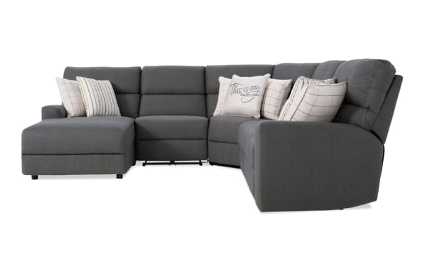Modern Farmhouse gray 136" power reclining 5-piece sectional with left arm chaise, polyester fabric, transitional style, power headrests, USB ports, cupholders, and hidden storage.