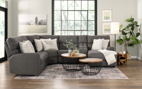 Modern Farmhouse gray 136" power reclining 5-piece left-arm chaise sectional in polyester fabric with power headrests, USB ports, cupholders, and hidden storage.