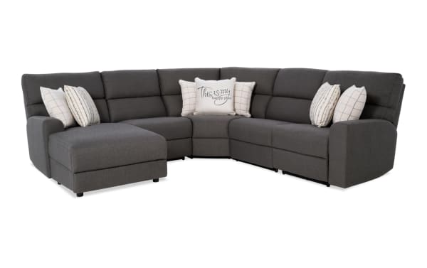 Modern Farmhouse gray 136" power reclining 5-piece left arm chaise sectional with polyester fabric, power headrests, USB ports, cupholders, and storage.