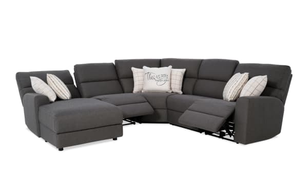 Modern Farmhouse gray 136" power reclining 5-piece sectional with left arm chaise, polyester fabric, power headrests, USB ports, cupholders, and hidden storage.