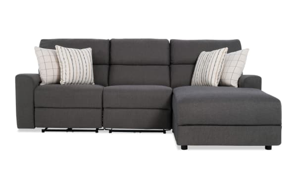 Modern Farmhouse gray 106" power reclining 3-piece sectional with right arm chaise, armless recliner, polyester fabric, USB ports, cupholders, and memory foam cushions.