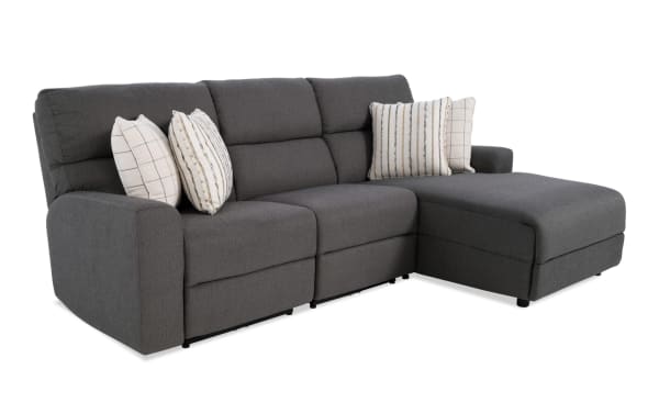 Modern Farmhouse gray 106" power reclining sectional with right arm chaise, armless recliner, polyester fabric, transitional style, USB ports, cupholders, memory foam.