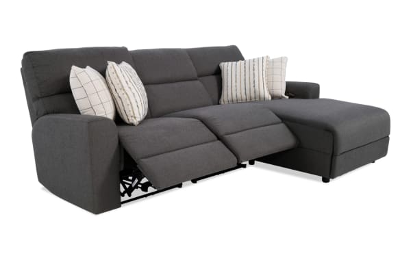 Modern Farmhouse gray 106" power reclining 3-piece sectional with right arm chaise, armless recliner, polyester fabric, transitional style, USB ports, cupholders, and memory foam cushioning.