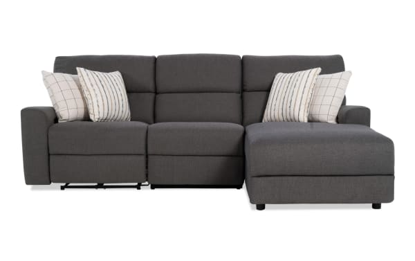 Modern Farmhouse gray 106" power reclining 3-piece sectional with right arm chaise, armless chair, polyester fabric, transitional style, USB ports, cupholders, and memory foam cushioning.
