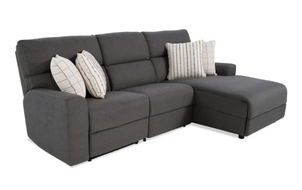 Modern Farmhouse gray 106" power reclining sectional with right arm chaise, armless chair, polyester fabric, transitional style, USB ports, cupholders, and memory foam cushions.