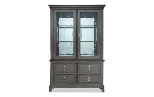 Contemporary Coco II 2 Piece Gray China Cabinet with four drawers, Asian hardwood, cherry veneers, tempered glass doors, and interior lighting.