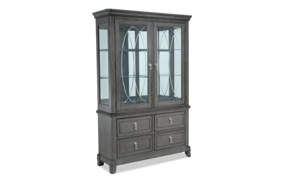 Coco II 2 Piece Gray China Cabinet with four drawers, tempered glass doors, Asian hardwood and cherry veneer, contemporary style with interior lighting.