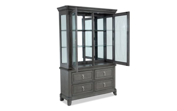 Coco II 2 Piece Gray 4 Drawer China Cabinet with Asian hardwood, cherry veneers, tempered glass, lighting, and shiny hardware in contemporary style.