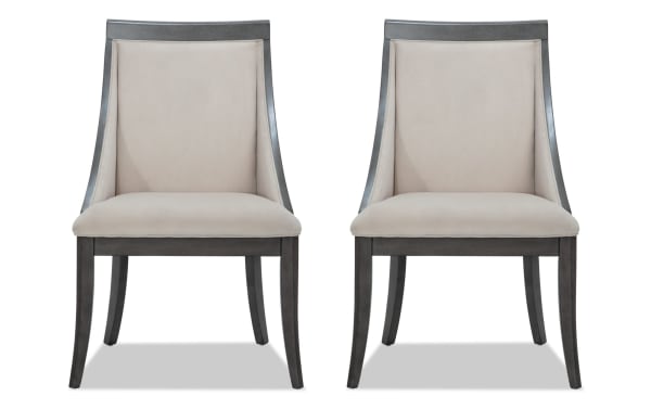 Set of 2 Coco II Gray & Beige Solid Back Dining Chairs with beige polyester upholstery, Asian hardwood frame, cherry veneer, and nailhead trim in contemporary style.