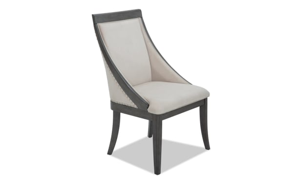 Set of 2 Coco II Gray & Beige Solid Back Dining Chairs with velvety beige polyester upholstery, gray Asian hardwood frame, nailhead trim, contemporary style.