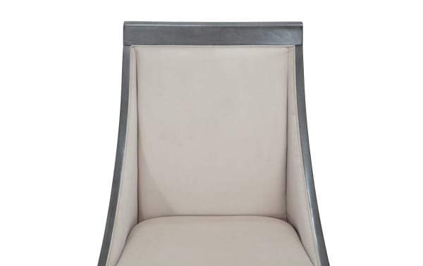 Contemporary Coco II Gray & Beige dining chair with beige velvety polyester fabric, Asian hardwood frame, and elegant swoop design.