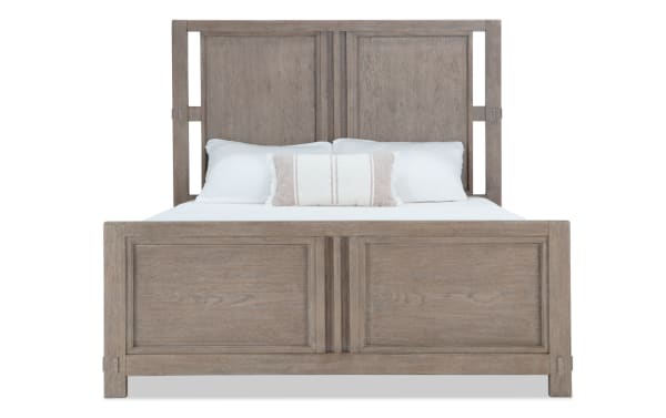 Artisan Queen Gray Panel Bed in oak and oak veneers with transitional style, faux mortise and tenon joints, and cutout details from Artisan Bedroom collection.
