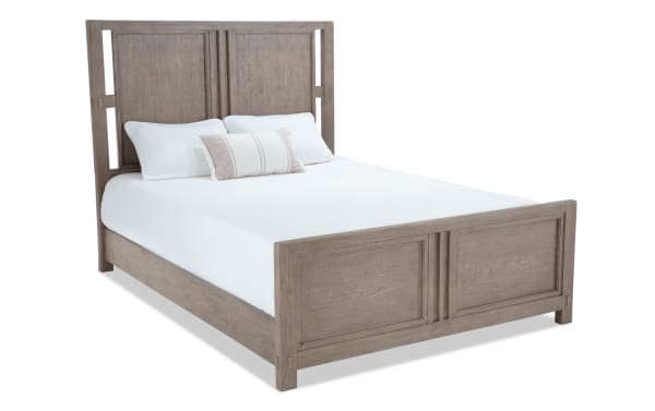 Artisan Queen Gray Panel Bed in transitional style with oak veneer panels, faux mortise and tenon joints, and cutout details from Artisan Bedroom collection.