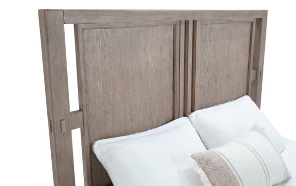 Artisan Queen Gray Panel Bed headboard with oak veneer, transitional style, faux mortise and tenon joints, and unique side cutouts from Artisan Bedroom collection.