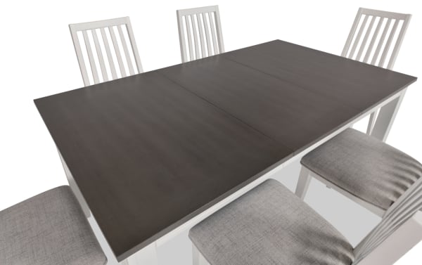 Blake 7 Piece White & Gray Upholstered Dining Set with six gray fabric polyester chairs, transitional style, and expandable dark gray MDF hardwood table.