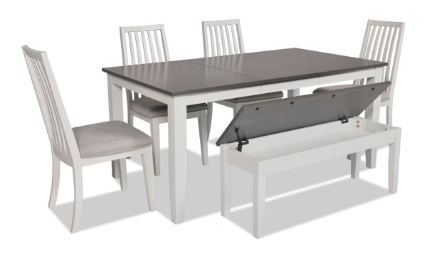 Blake 6 Piece White & Gray Upholstered Dining Set with Storage Bench, transitional style, MDF and hardwood solids, extendable gray table, cushioned polyester fabric chairs, and hidden storage bench.