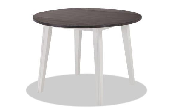 Blake 3 Piece Dining Set with round gray drop leaf table and white tapered legs, made of MDF, hardwood, and polyester fabric, transitional style.