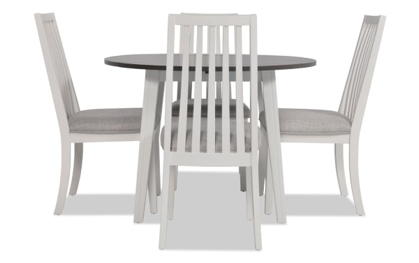 Blake 5 Piece White & Gray Upholstered Dining Set with drop leaf table and four gray fabric polyester slat-back chairs in transitional style.